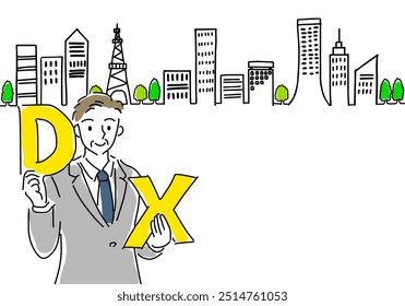 hombre con Imagen de promocionar DX y Ilustración vectorial de dibujo a mano de paisaje urbano