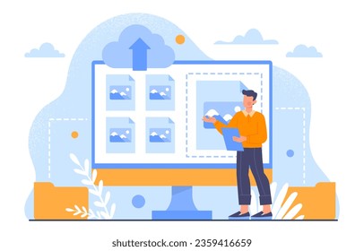 Concepto de hombre con subidas de imágenes. Joven cerca del monitor de computadora. Archivo digital o almacenamiento electrónico. Trabajar con el servidor corporativo y el servicio en la nube. Dibujo vectorial plano de dibujos animados
