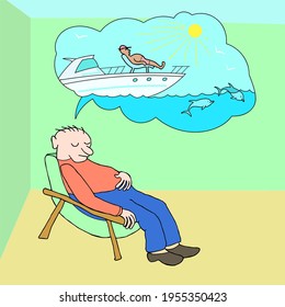 Man imagines in the imagination future rest. Vector character illustration of dreamy person