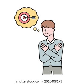 A man is imagining a goal and has a happy expression on his face. outline simple vector illustration.
