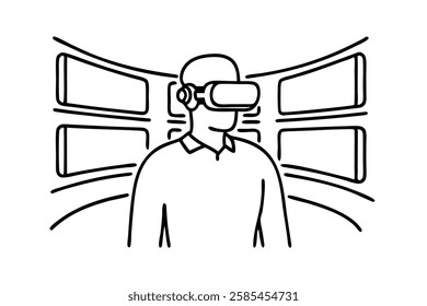 Man immersed in a virtual reality experience, wearing a sleek VR headset, showcasing modern technology in action continuous line art flat vector illustration