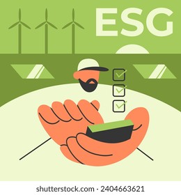 Man is implementing the ESG Sustainability Plan. Green energy, sustainable industry with windmills and solar panels. Environmental, social and corporate governance concept. Flat vector illustration.