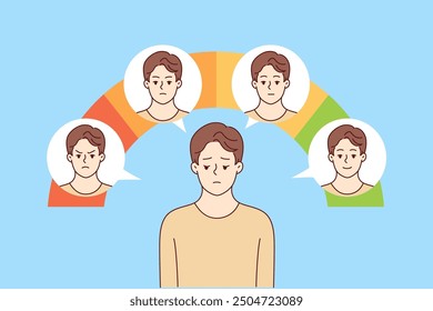 Man with impostor syndrome feels drop in mood when standing near emotion scale. Imposter syndrome in guy due to lack of social acceptance and low self-esteem or bipolar personality disorder