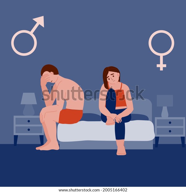 man impotence and erectile dysfunction. sad\
woman and man in bed at night after bad sex. prostatitis and\
prostate cancer. a soft flaccid penis is frustrating for the\
patient. stock vector\
interior.