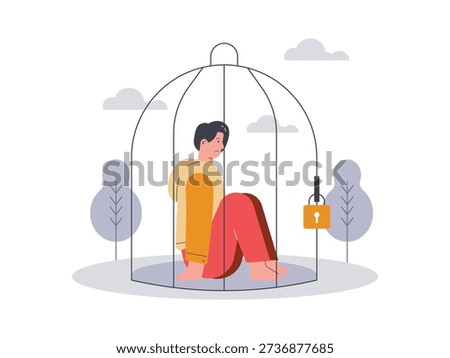 A man is imprisoned in a birdcage, without hope or desire. Character design. Vector flat illustration.