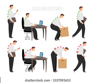 Man improper and correct postures. Properly laptop sitting position and heavy object lift, standing and walking correctly concept with male person character isolated on white background, vector