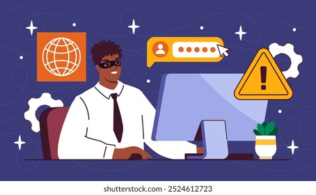 Man in incognito mode. Young guy in black mask sits at computer. Anonymous hacker steal personal data. Crime on internet. Flat vector illustration isolated on black background