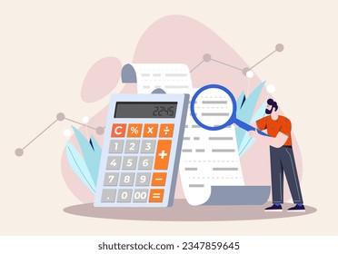 Man with income calculation. Guy with magnifying glass near financial bill and calculator. Accumulation and budgeting, accounting. Estimation of expenses and income. Cartoon flat vector illustration