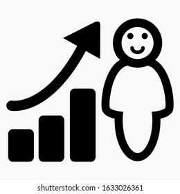 Man increase graph icon. Illustration of the work of a manager. Labor productivity. Personnel Management. Employee labor efficiency. Vector icon.