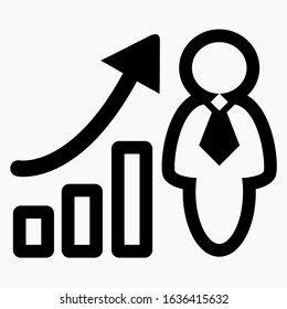 Man increase graph icon. Illustration of the work of a manager. Labor productivity. Personnel Management. Employee labor efficiency. Vector icon.