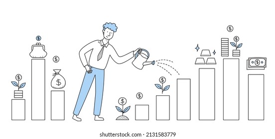 Man increase income, finance capital, investment and wealth. Vector doodle illustration with businessman with watering can, growth graph with money, cash, coins, trees