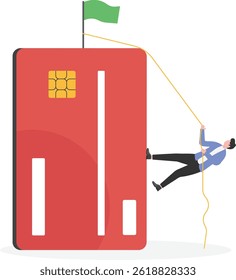 Man and incurring debt with credit card. A businessman with a rope tied to a credit card.

