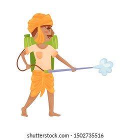 Man in Indian clothes with a sprayer. Vector illustration.
