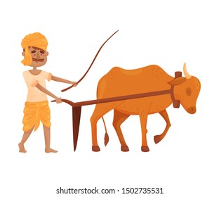 Man in Indian clothing plows the earth with an ox. Vector illustration.