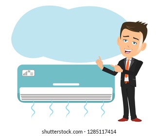 man indicating pointing thought bubble blank empty template in front of air conditioner ac