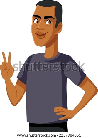 
Man Indicating Two or Victory Sign Vector Cartoon Illustration. Smiling hansom guy showing two fingers up
