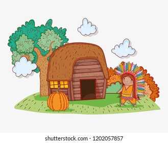 man indigenous wearing feathers with house and pumpkin