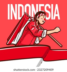 man with Indonesian flag cartoon vector illustration for dirgahayu kemerdekaan indonesia