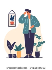 Hombre con flores interiores, ilustración vectorial en estilo de dibujos animados