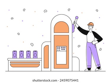 Man with industrial production simple. Guy at factory and conveyor. Plant with production of goods. Industrial automatization. Doodle flat vector illustration isolated on white background