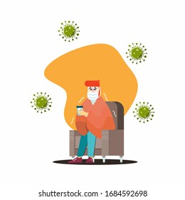 a man infected with corona virus sitting in his chair. pandemic disease illustration.flat character.vector design.
