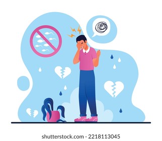 Man infertility concept. Frustrated young guy looks at test results and withered flower. Patient, problems in intimate life, impotence. Poster or banner for website. Cartoon flat vector illustration