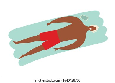 Man rest on inflatable mattress in the pool. Guy swimming and relaxes, summer holiday rest. Summer relax and outdoor activities. Flat design illustration