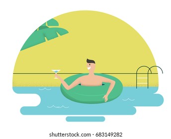 Man with inflatable ring in swimming pool holding champagne