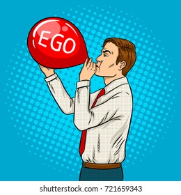 Man inflate red air balloon pop art retro vector illustration. Ego metaphor. Comic book style imitation.