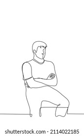 Man With Inflated Shoulder Muscles And Crossed Arms Sits With His Legs Spread - One Line Drawing Vector. Concept Of Strong Man Sitting In Dominant Position 