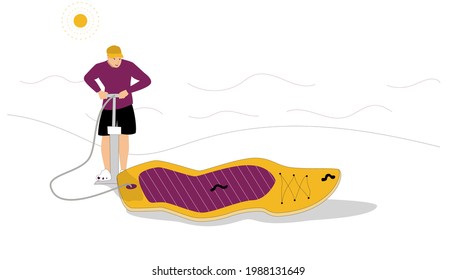 Man inflates the sup board. Summer marine concept. Minimal illustration for landing page or advertisement design 