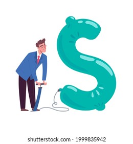 A man inflating up a dollar, a balloon. The concept of inflation, inflation of the money bubble, uncontrolled emission of money. Vector illustration of the issue financial system, flat style. Isolated