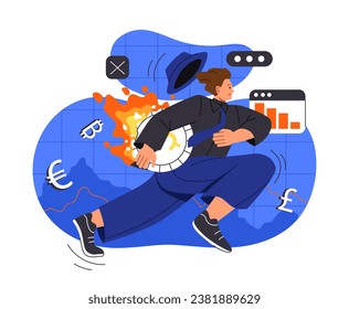 Man with inflation concept. Young guy with burning coin run away. Recession and global economy problems. Crisis and bankruptcy. Cartoon flat vector illustration isolated on white background