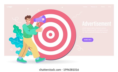 Man influencer character with megaphone inviting people to promotion campaign, promo target. referral program concept. Social media community. digital marketing vector illustration.
