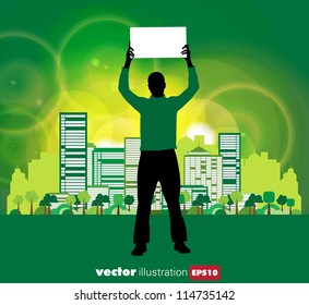 Man with information banner