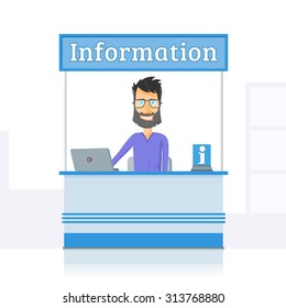 Man and Information desk. Vector Illustration.