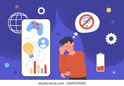 Man with information overload concept. Young guy near smartphone with lightbulb and graphs, diagrams. Social media addiction and doomscrolling. Cartoon flat vector illustration