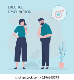 Man Informs Wife About Problem Of Work Of Genital Organ. Girl Thinks How To Solve Sexual Problem. Husband Suffering From Erectile Dysfunction. Problems In Intimate Life. Flat Vector Illustration