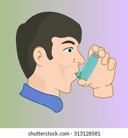 A man with an inhaler, medication through an inhalant
