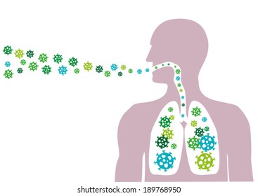 Man Inhales pathogen particles or spreads diseases. Editable Clip Art.