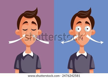 
Man Inhaling and Exhaling in Breathing Exercise Vector Illustration
Male patient doing a respiration exercise feeling relaxed 
