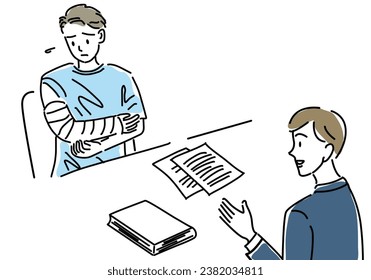 A man injured in an accident consults a lawyer hand drawing  illustration, vector