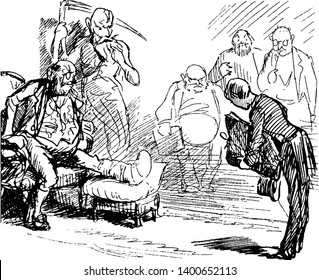 A man with injured leg sitting in chair and other men standing near him, vintage line drawing or engraving illustration