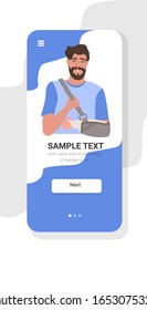 man with injury fracture of arm damage guy with gypsum and fixing collar broken limbs concept smartphone screen mobile app copy space portrait flat vector illustration