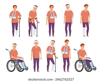 Hombre herido. Rehabilitación y recuperación de lesiones, personaje masculino con el cabestrillo del brazo, vendaje de la cabeza, muletas, yeso de la pierna y la silla de ruedas conjunto de Ilustración vectorial de dibujos animados de rehabilitación y recuperación