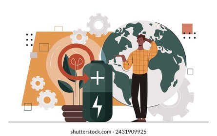 Man with innovative battery. Young guy with power supply at background of planet. Sustainable lifestyle and alternative energy sources. Care about nature. Cartoon flat vector illustration