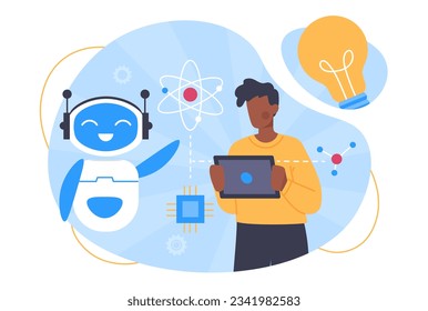 Man with innovative idea concept. Young guy with chatbot near lightbulb. Modern technologies and innovations. Artificial intelligence and machine learning. Cartoon flat vector illustration