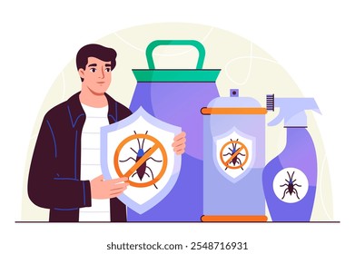 Man with insect sprays. Young guy with spray against mosquitoes and insects. Repellent to protect skin from bites. Summertime protection. Flat vector illustration isolated on white background