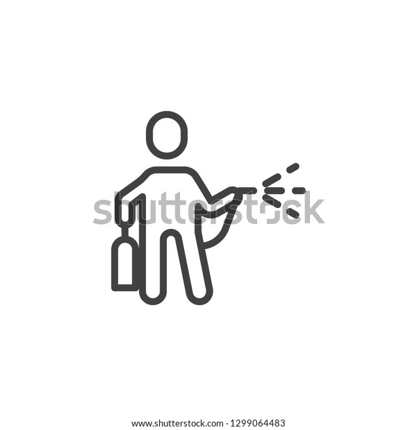The man with insecticide spray line icon. linear style\
sign for mobile concept and web design. Man with bug sprayer\
outline vector icon. Pest control symbol, logo illustration. Pixel\
perfect vector 