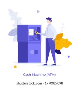 Man inserting card into ATM slot. Concept of automated teller machine, financial transaction, banking services, cash withdrawal, bank deposit access. Modern flat vector illustration for banner.